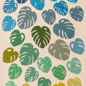 Monstera Quilt Pattern by Laundry Basket Quilts, finished size 43½" x 58½", featuring appliqué monstera leaves, perfect for raw-edge, hand, or backstitch techniques.