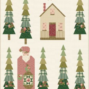 Silent Night Quilt Pattern featuring Santa surrounded by trees and a cabin, with a finished quilt size of 61" x 78½". A festive, Christmas-themed quilt pattern suitable for all skill levels.